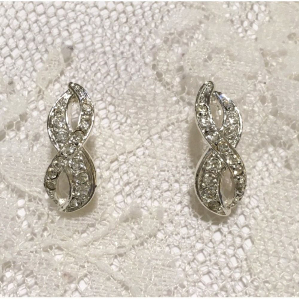 Vintage Rhinestone Earrings Romans signed Silver Tone Slender Infinity studs